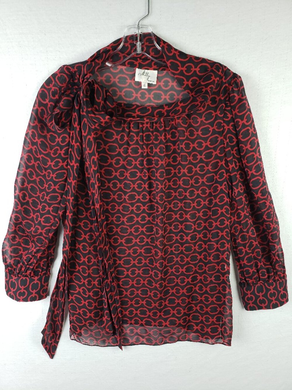 MILLY of New York Silk Blouse Top Chain Link Print Neck Tie Sheer Flowy size 6